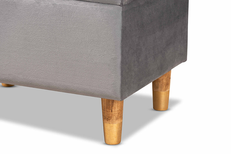 Raziel Modern and Contemporary Gray Velvet Fabric Upholstered and Oak Brown Finished Wood Storage Ottoman