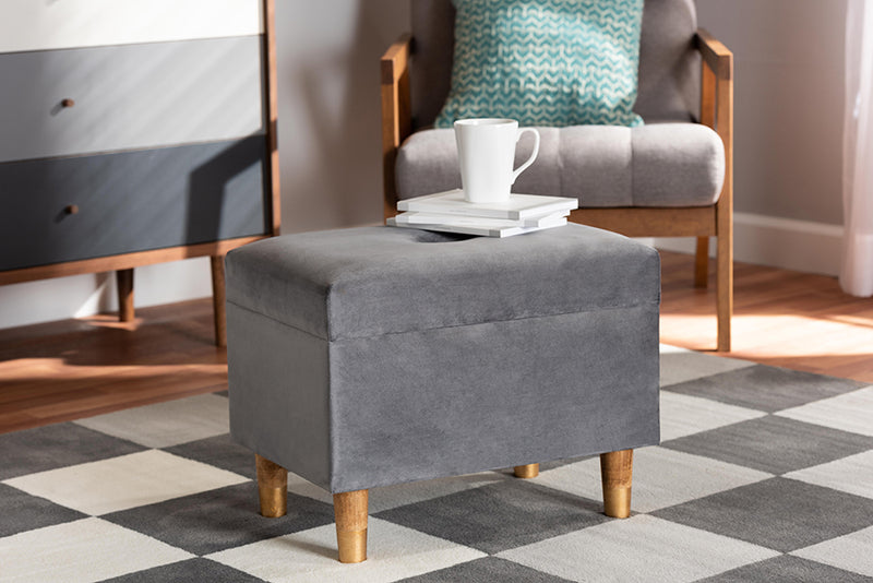 Raziel Modern and Contemporary Gray Velvet Fabric Upholstered and Oak Brown Finished Wood Storage Ottoman