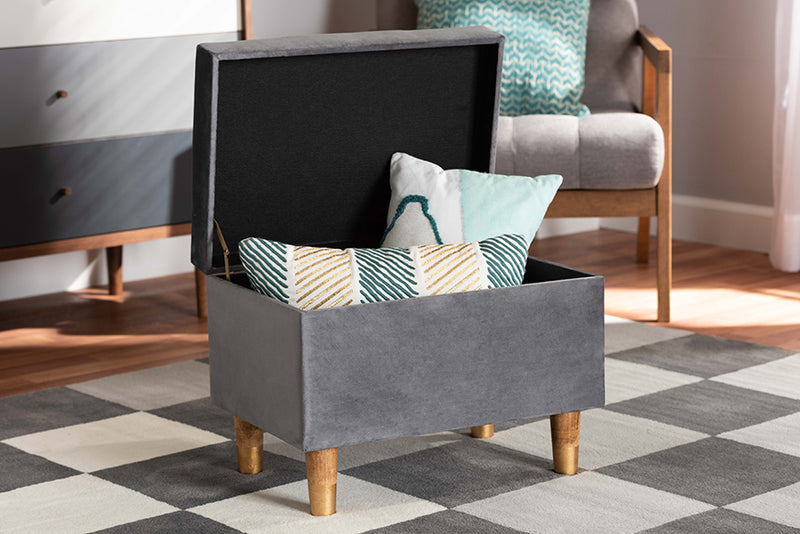 Raziel Modern and Contemporary Gray Velvet Fabric Upholstered and Oak Brown Finished Wood Storage Ottoman