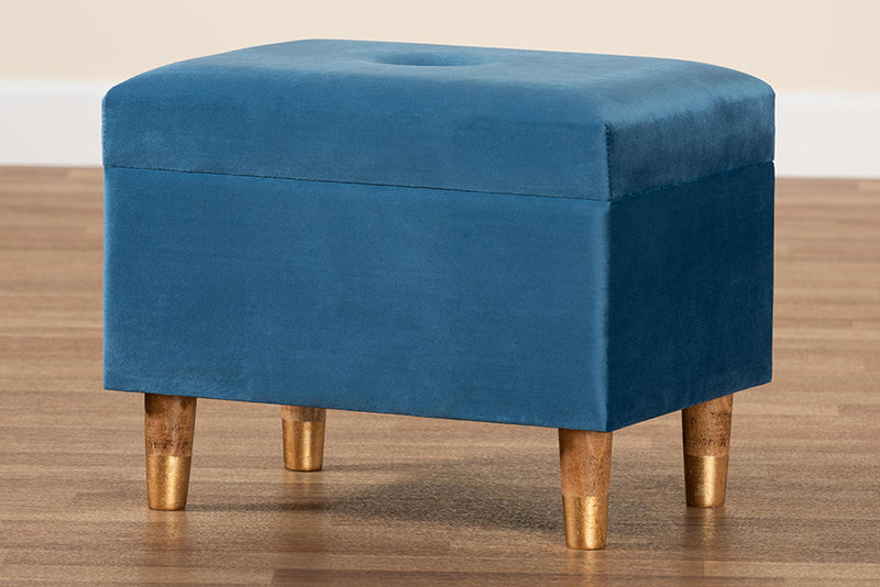 Raziel Modern and Contemporary Sky Blue Velvet Fabric Upholstered and Oak Brown Finished Wood Storage Ottoman