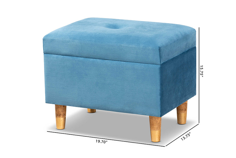 Raziel Modern and Contemporary Sky Blue Velvet Fabric Upholstered and Oak Brown Finished Wood Storage Ottoman