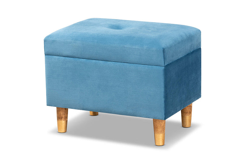 Raziel Sky Blue Velvet Fabric Upholstered and Oak Brown Storage Ottoman Baxton