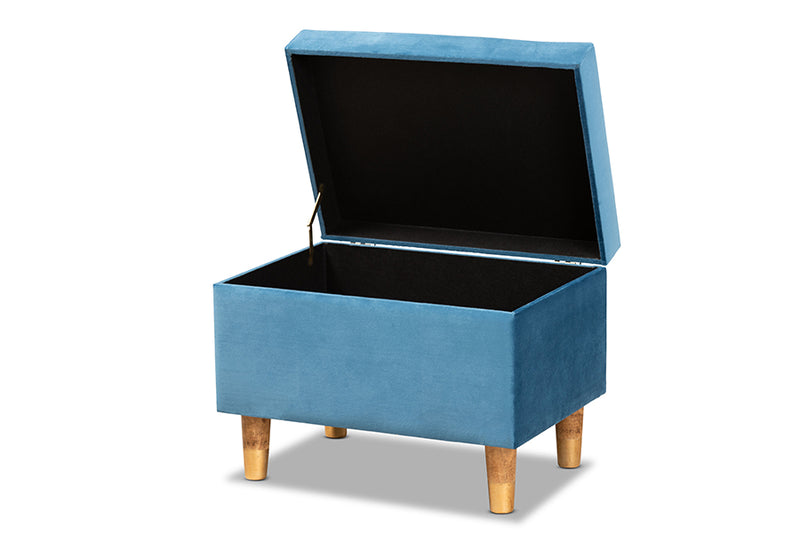 Raziel Modern and Contemporary Sky Blue Velvet Fabric Upholstered and Oak Brown Finished Wood Storage Ottoman