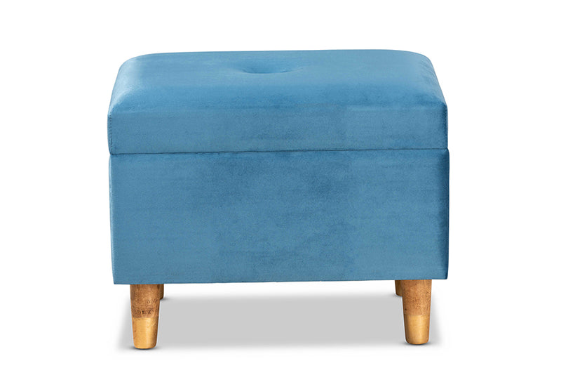 Raziel Modern and Contemporary Sky Blue Velvet Fabric Upholstered and Oak Brown Finished Wood Storage Ottoman