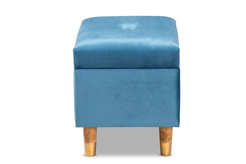 Raziel Modern and Contemporary Sky Blue Velvet Fabric Upholstered and Oak Brown Finished Wood Storage Ottoman