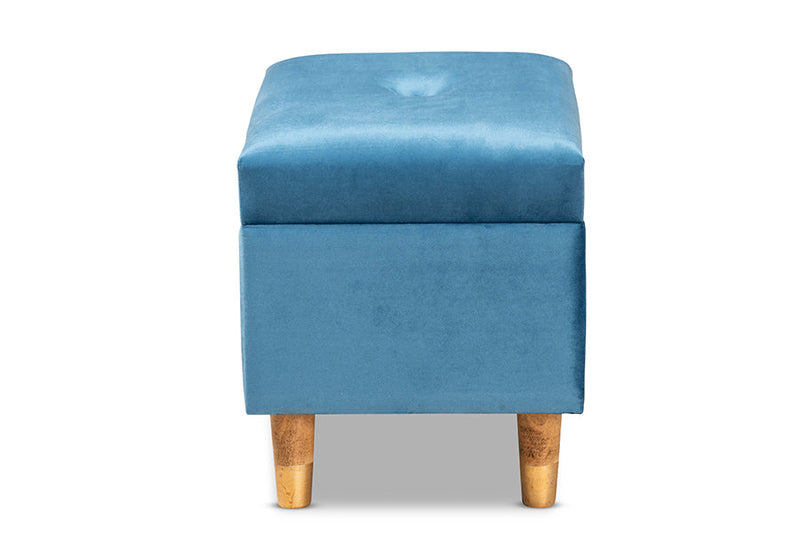 Raziel Sky Blue Velvet Fabric Upholstered and Oak Brown Storage Ottoman Baxton