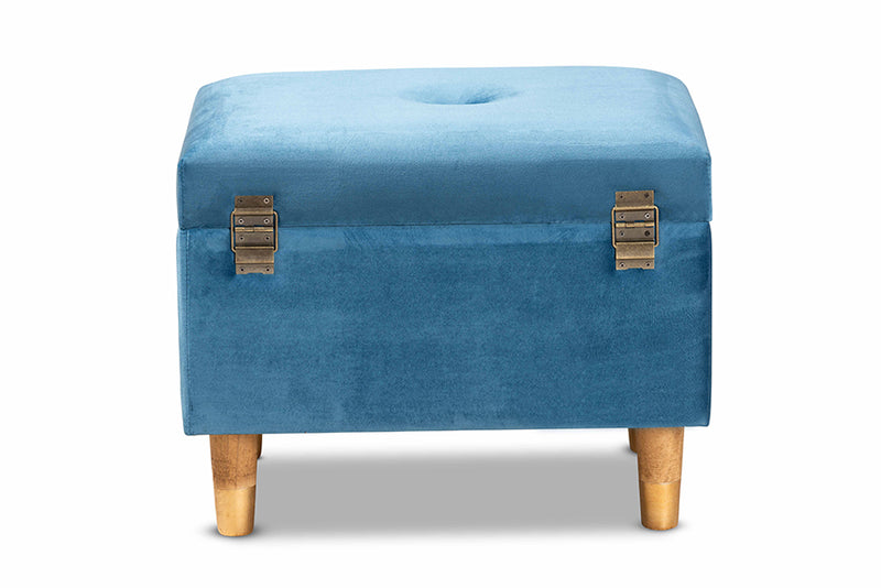 Raziel Modern and Contemporary Sky Blue Velvet Fabric Upholstered and Oak Brown Finished Wood Storage Ottoman