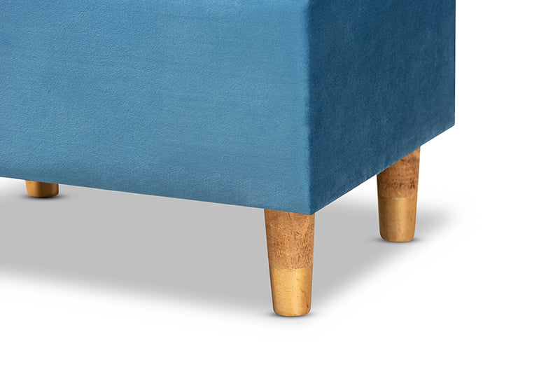 Raziel Modern and Contemporary Sky Blue Velvet Fabric Upholstered and Oak Brown Finished Wood Storage Ottoman