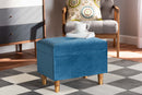 Raziel Sky Blue Velvet Fabric Upholstered and Oak Brown Storage Ottoman Baxton