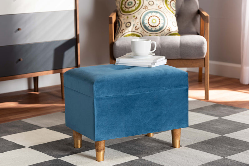 Raziel Modern and Contemporary Sky Blue Velvet Fabric Upholstered and Oak Brown Finished Wood Storage Ottoman