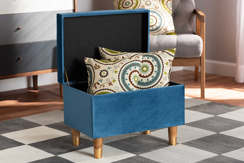 Raziel Modern and Contemporary Sky Blue Velvet Fabric Upholstered and Oak Brown Finished Wood Storage Ottoman