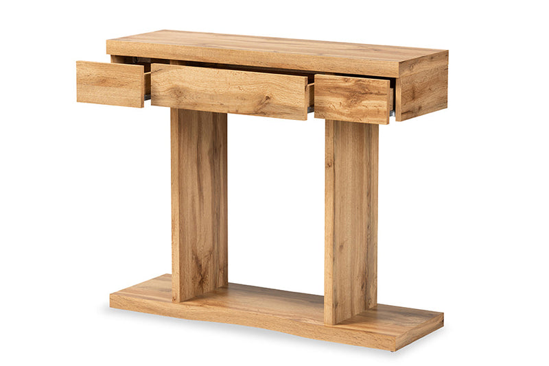 Abberton Oak Brown 3-Drawer Console Table Baxton