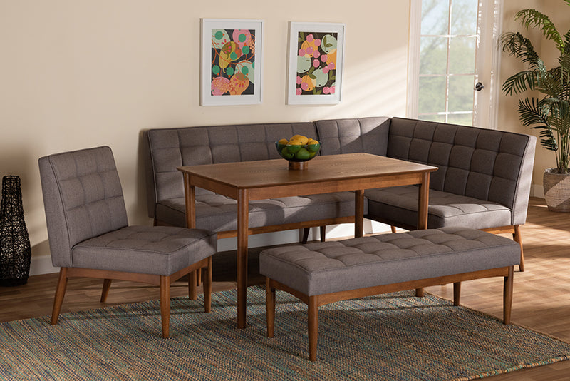 Yara Mid-Century Modern Gray Fabric Upholstered and Walnut Brown Finished Wood 5-Piece Dining Nook Set