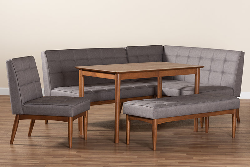 Yara Mid-Century Modern Gray Fabric Upholstered and Walnut Brown Finished Wood 5-Piece Dining Nook Set