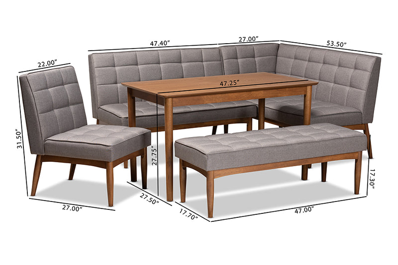 Yara Mid-Century Modern Gray Fabric Upholstered and Walnut Brown Finished Wood 5-Piece Dining Nook Set