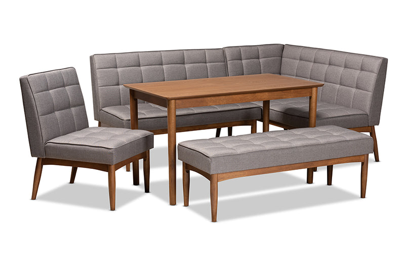 Yara Mid-Century Modern Gray Fabric Upholstered and Walnut Brown Finished Wood 5-Piece Dining Nook Set