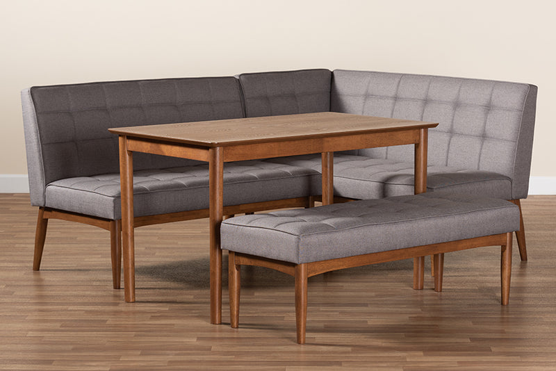 Yara Mid-Century Modern Gray Fabric Upholstered and Walnut Brown Finished Wood 4-Piece Dining Nook Set