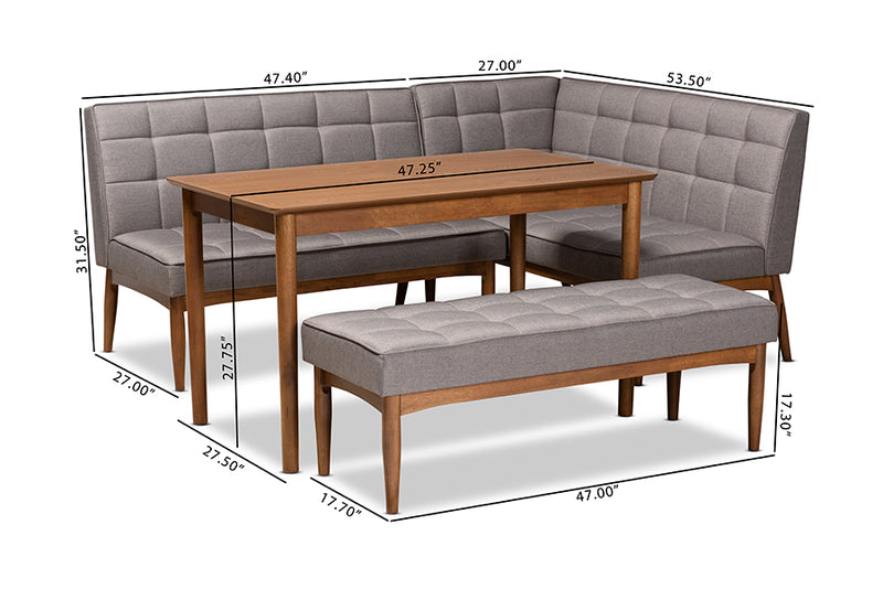 Yara Mid-Century Modern Gray Fabric Upholstered and Walnut Brown Finished Wood 4-Piece Dining Nook Set