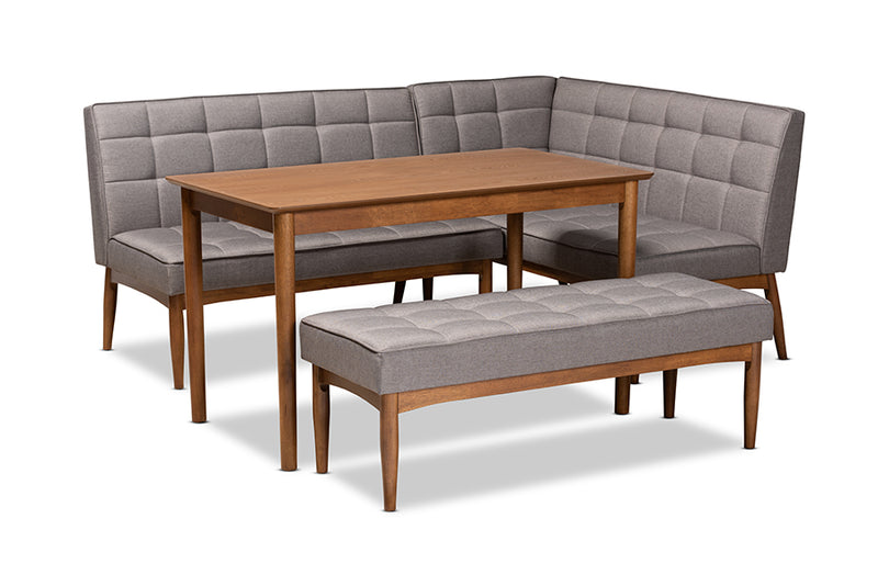 Yara Mid-Century Modern Gray Fabric Upholstered and Walnut Brown Finished Wood 4-Piece Dining Nook Set