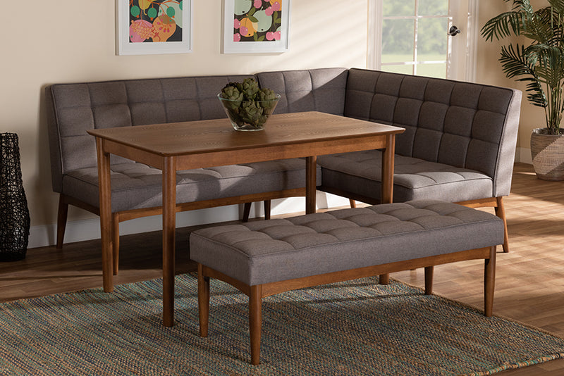 Yara Mid-Century Modern Gray Fabric Upholstered and Walnut Brown Finished Wood 4-Piece Dining Nook Set