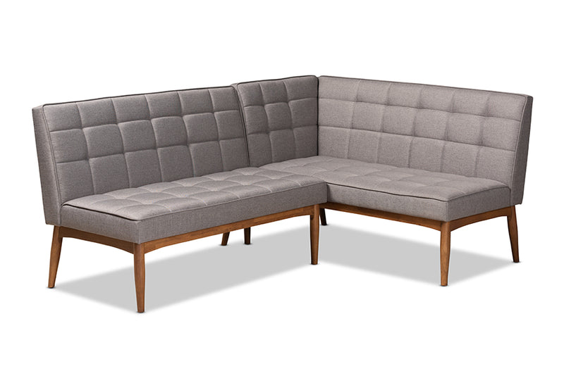 Yara Mid-Century Modern Gray Fabric Upholstered and Walnut Brown Finished Wood 2-Piece Dining Nook Banquette Set