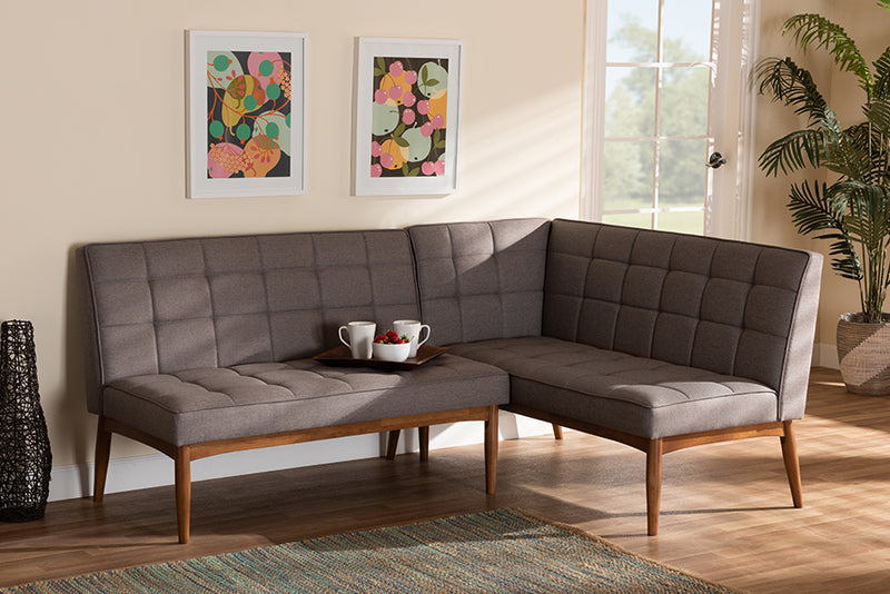 Yara Mid-Century Modern Gray Fabric Upholstered and Walnut Brown Finished Wood 2-Piece Dining Nook Banquette Set