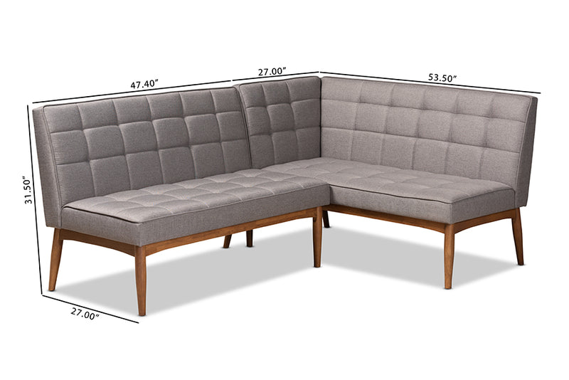 Yara Mid-Century Modern Gray Fabric Upholstered and Walnut Brown Finished Wood 2-Piece Dining Nook Banquette Set