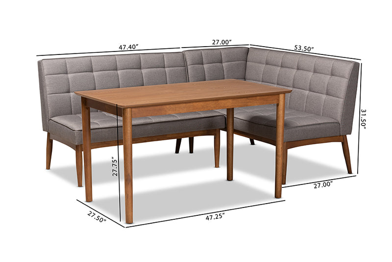 Yara Mid-Century Modern Gray Fabric Upholstered and Walnut Brown Finished Wood 3-Piece Dining Nook Set