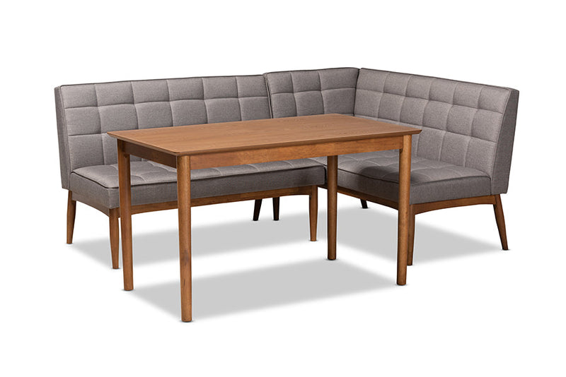 Yara Gray Fabric Upholstered and Walnut Brown 3-Piece Dining Nook Set Baxton