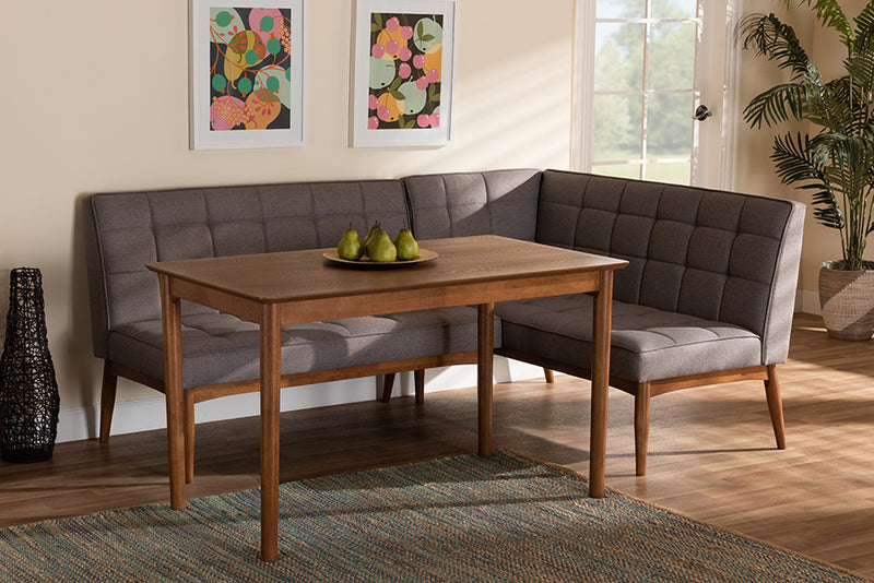 Yara Mid-Century Modern Gray Fabric Upholstered and Walnut Brown Finished Wood 3-Piece Dining Nook Set