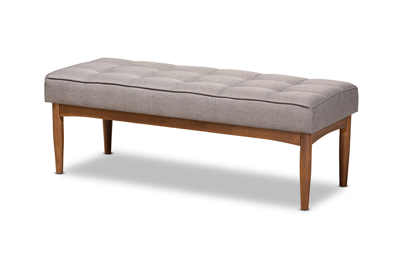 Yara Mid-Century Modern Gray Fabric Upholstered and Walnut Brown Finished Wood Dining Bench