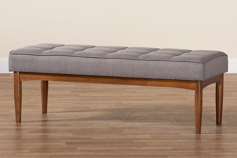 Yara Mid-Century Modern Gray Fabric Upholstered and Walnut Brown Finished Wood Dining Bench