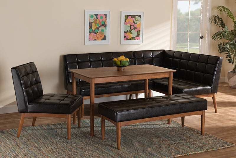 Yara Mid-Century Modern Dark Brown Faux Leather Upholstered and Walnut Brown Finished Wood 5-Piece Dining Nook Set