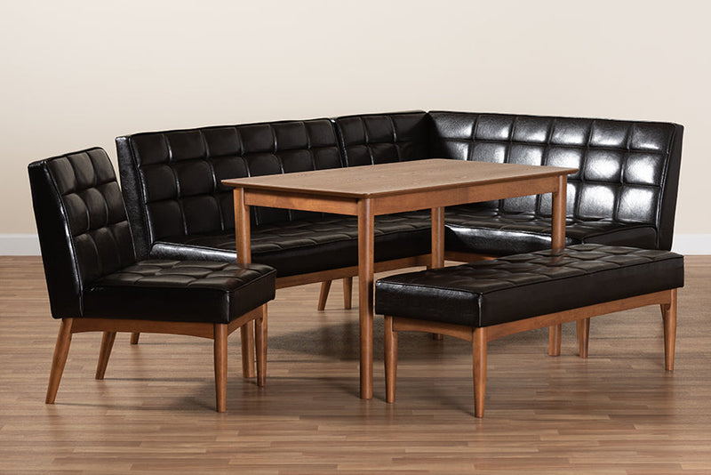 Yara Dark Brown Faux Leather Walnut Brown 5-Piece Dining Nook Set Baxton