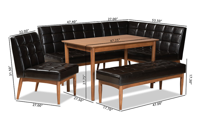 Yara Mid-Century Modern Dark Brown Faux Leather Upholstered and Walnut Brown Finished Wood 5-Piece Dining Nook Set