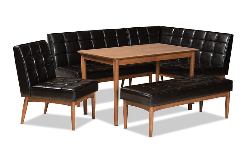 Yara Mid-Century Modern Dark Brown Faux Leather Upholstered and Walnut Brown Finished Wood 5-Piece Dining Nook Set