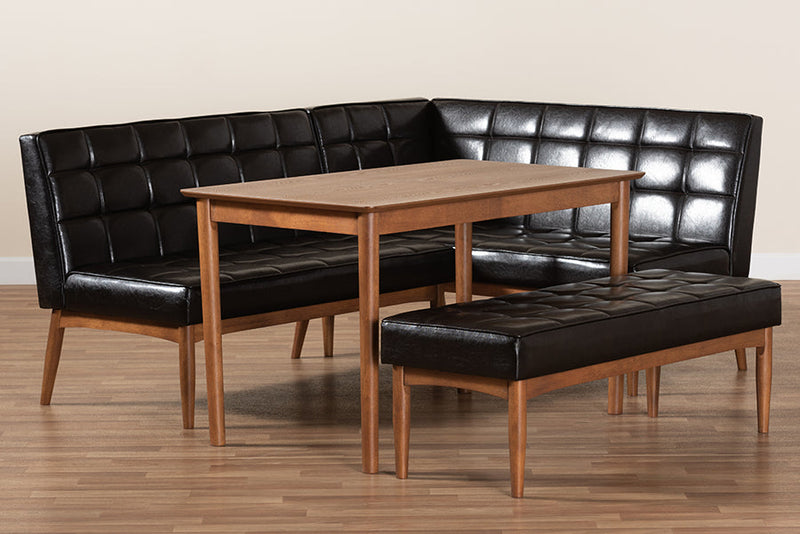 Yara Dark Brown Faux Leather Upholstered and Walnut Brown 4Pc Dining Nook Set Baxton