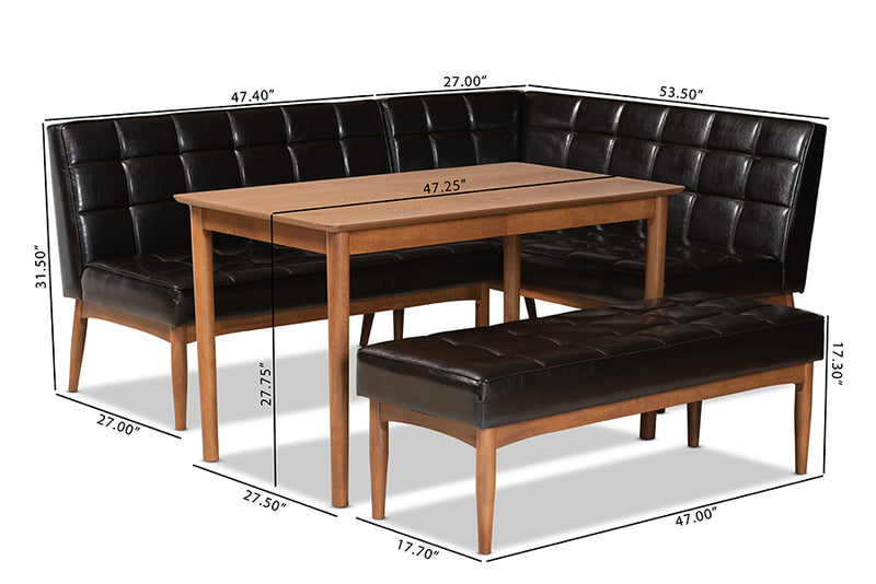 Yara Mid-Century Modern Dark Brown Faux Leather Upholstered and Walnut Brown Finished Wood 4-Piece Dining Nook Set