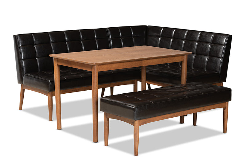 Yara Mid-Century Modern Dark Brown Faux Leather Upholstered and Walnut Brown Finished Wood 4-Piece Dining Nook Set