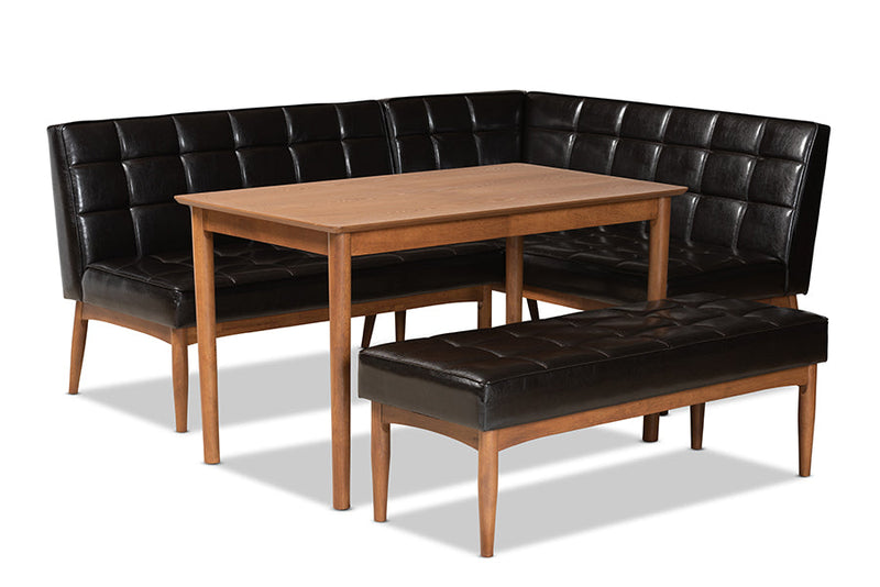 Yara Dark Brown Faux Leather Upholstered and Walnut Brown 4Pc Dining Nook Set Baxton