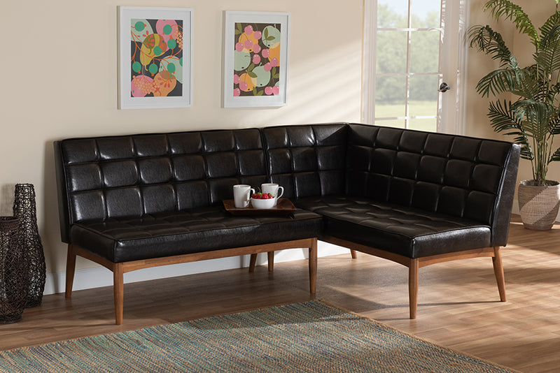 Yara Mid-Century Modern Dark Brown Faux Leather Upholstered and Walnut Brown Finished Wood 2-Piece Dining Nook Banquette Set