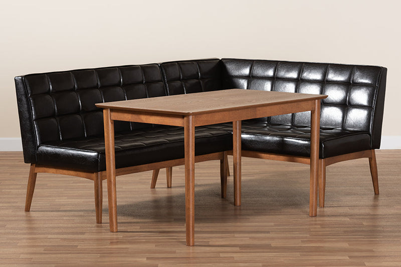 Yara Dark Brown Faux Leather Walnut Brown 3-Piece Dining Nook Set Baxton