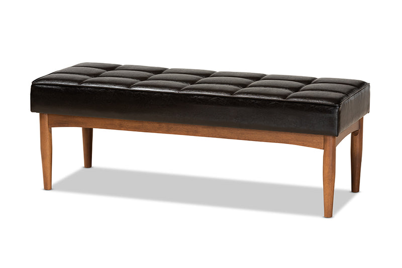 Yara Mid-Century Modern Dark Brown Faux Leather Upholstered and Walnut Brown Finished Wood Dining Bench