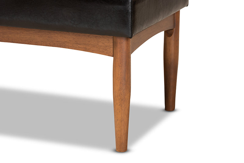 Yara Mid-Century Modern Dark Brown Faux Leather Upholstered and Walnut Brown Finished Wood Dining Bench