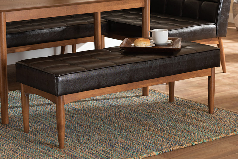 Yara Mid-Century Modern Dark Brown Faux Leather Upholstered and Walnut Brown Finished Wood Dining Bench