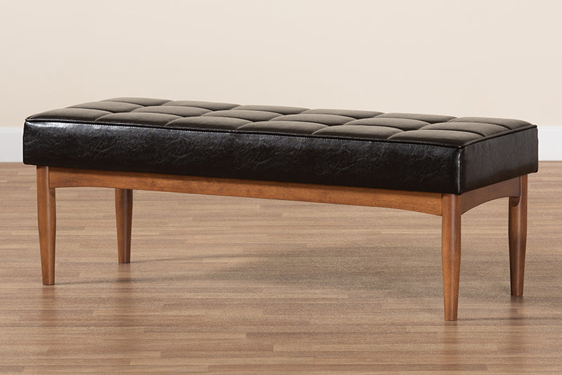 Yara Mid-Century Modern Dark Brown Faux Leather Upholstered and Walnut Brown Finished Wood Dining Bench