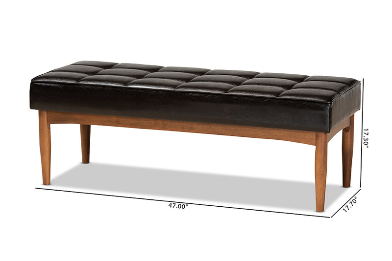 Yara Mid-Century Modern Dark Brown Faux Leather Upholstered and Walnut Brown Finished Wood Dining Bench