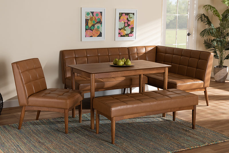 Yara Mid-Century Modern Tan Faux Leather Upholstered and Walnut Brown Finished Wood 5-Piece Dining Nook Set