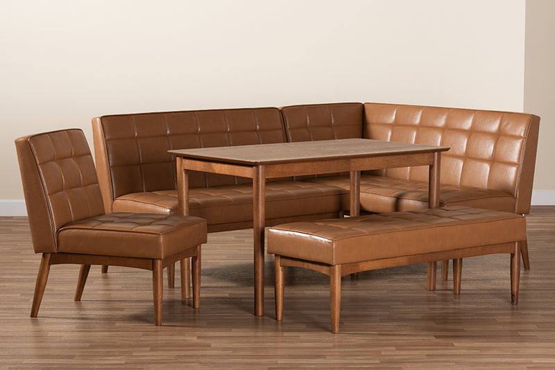 Yara Mid-Century Modern Tan Faux Leather Upholstered and Walnut Brown Finished Wood 5-Piece Dining Nook Set