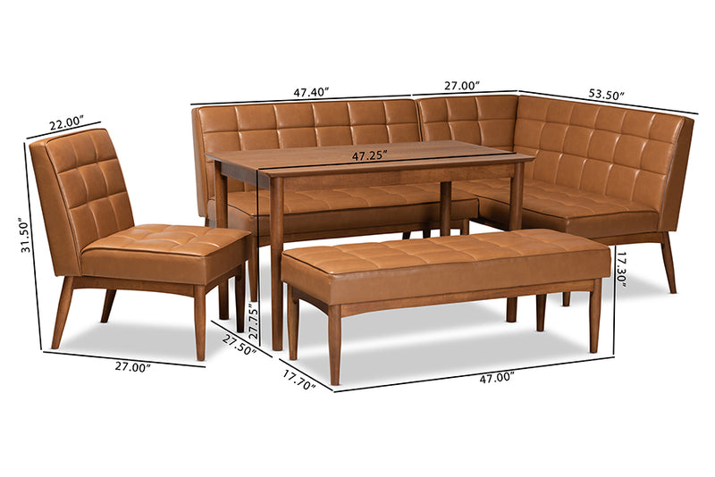 Yara Mid-Century Modern Tan Faux Leather Upholstered and Walnut Brown Finished Wood 5-Piece Dining Nook Set